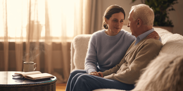 Adult child having a warm, reassuring conversation with an elderly parent at home, symbolising trust and understanding when discussing home care support.
