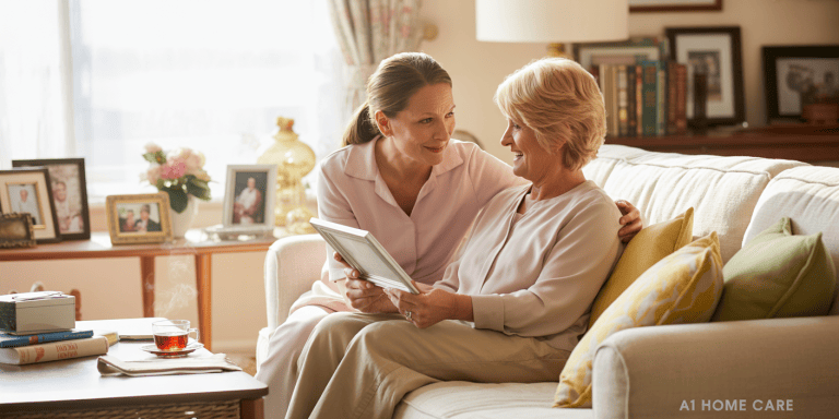Elderly woman receiving caring support at home in Chelmsford from an A1 Home Care carer, symbolising early dementia care and family reassurance.