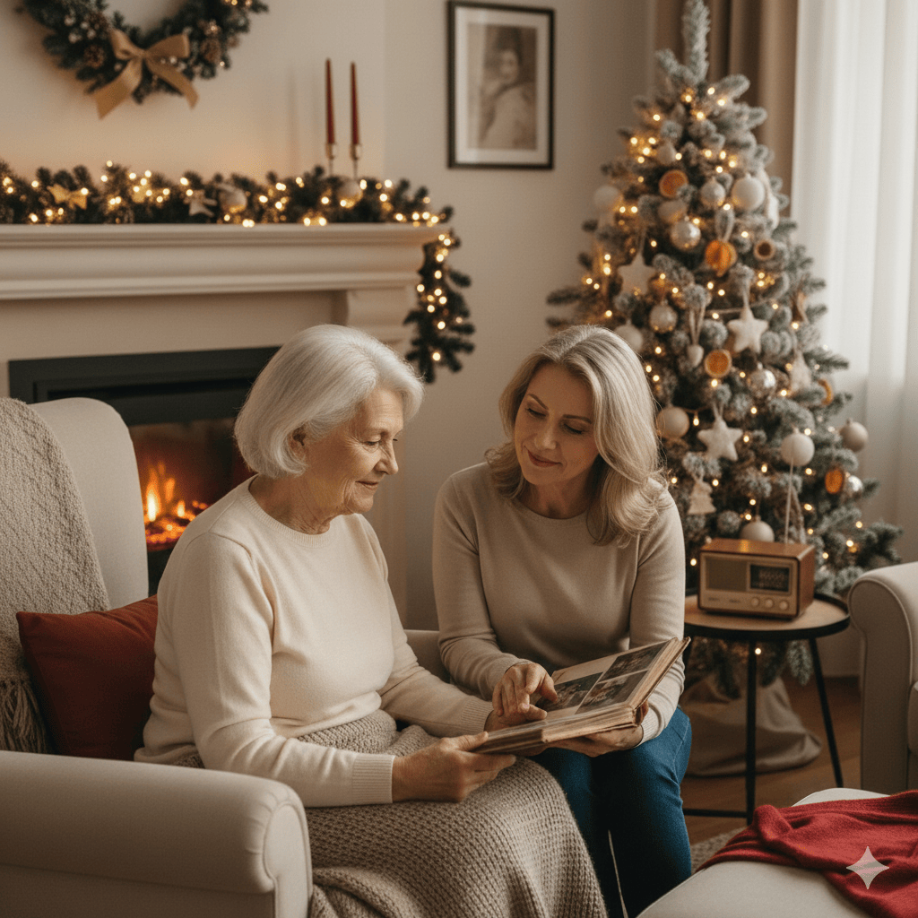 Elderly person with dementia enjoying a calm Christmas moment at home with a family member or carer, looking through a photo album in a softly decorated living room.