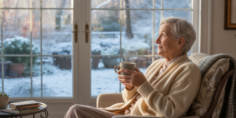 Elderly person staying warm at home during cold winter weather, sitting comfortably indoors with a warm drink and looking out of a frosted window.