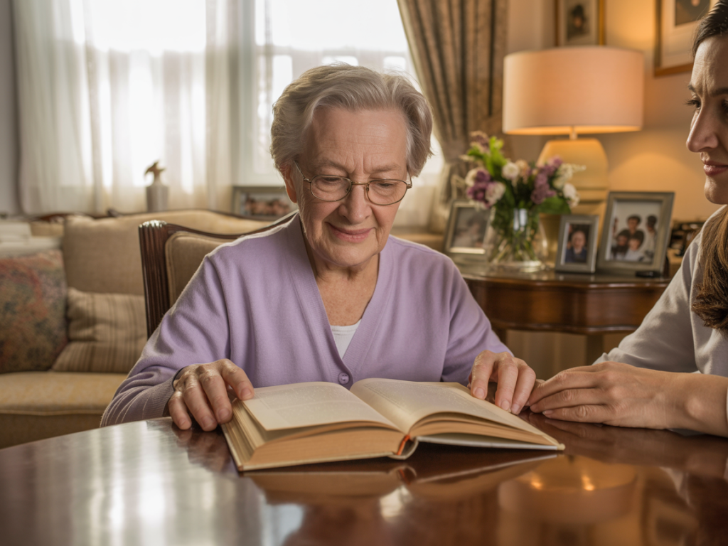 Elderly person living with dementia reading at home with a supportive carer nearby, encouraging cognitive stimulation and emotional wellbeing.