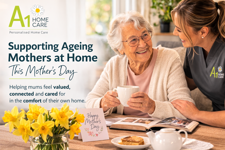 Elderly mother enjoying a warm moment with a carer at home with daffodils on the table, celebrating companionship and support for Mother’s Day.