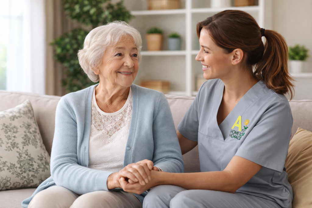 Elderly woman sitting on a sofa holding hands with a grey-uniformed carer at home, showing warm and compassionate dementia care support