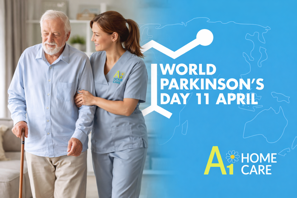 Elderly man walking with support from a carer at home with World Parkinson’s Day graphic and A1 Home Care branding in the background