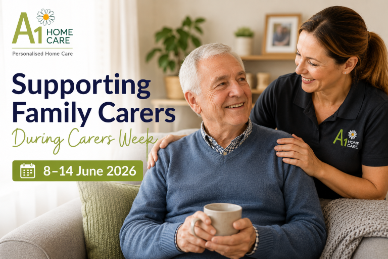 Carer supporting an elderly man at home during Carers Week 2026, highlighting compassionate support for family carers and older people.