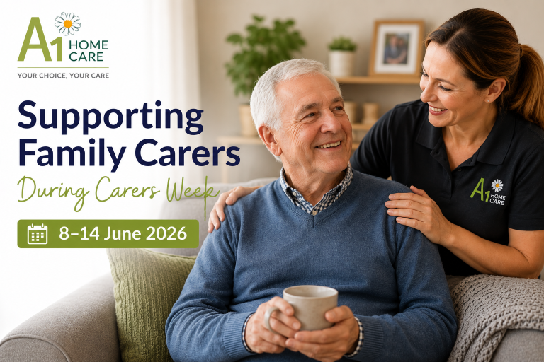 Carer supporting an elderly man at home during Carers Week 2026, highlighting compassionate support for family carers and older people.