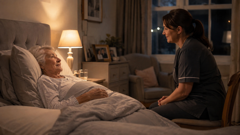 Carer providing reassuring night care to an elderly woman resting comfortably in bed at home in Chelmsford