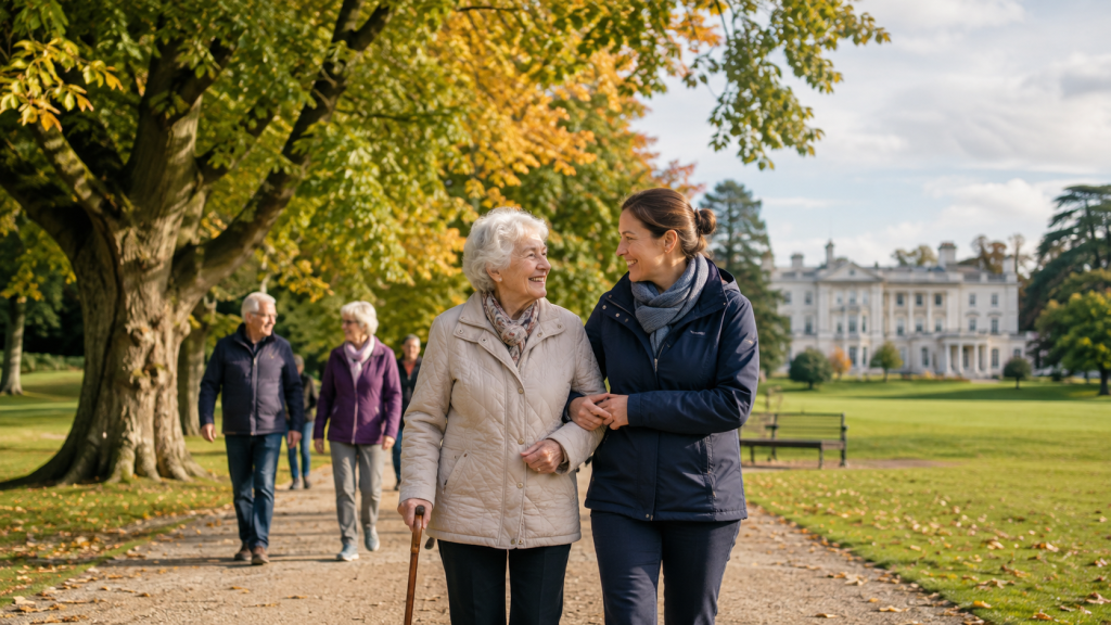 Older woman walking with supportive companion in a park at Chelmsford Memory Walk, representing dementia support and community care.