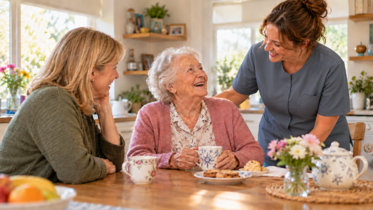 A1 Home Care carer supporting an older woman at home in Chelmsford, with a family member enjoying tea and companionship.